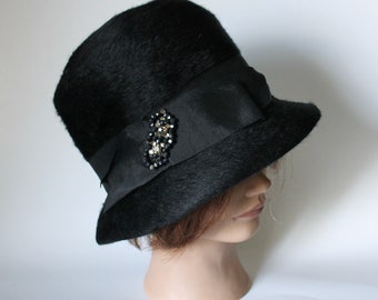 Black Fur Felt Cloche Hat with Rhinestones Vintage 1950's