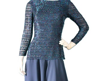 Vintage Blau Seide Perlen Abendkleid, Oleg Cassini, Größe 6