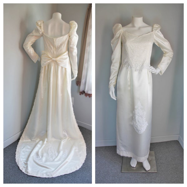 Satin Sheath Wedding Dress, Detachable Train, Size Medium, Vintage 1970's