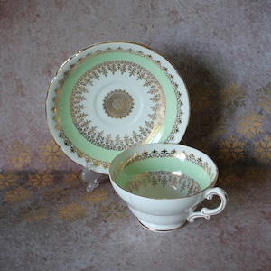 Green White Teacup and Saucer, Stanley Bone China, Pattern 1103