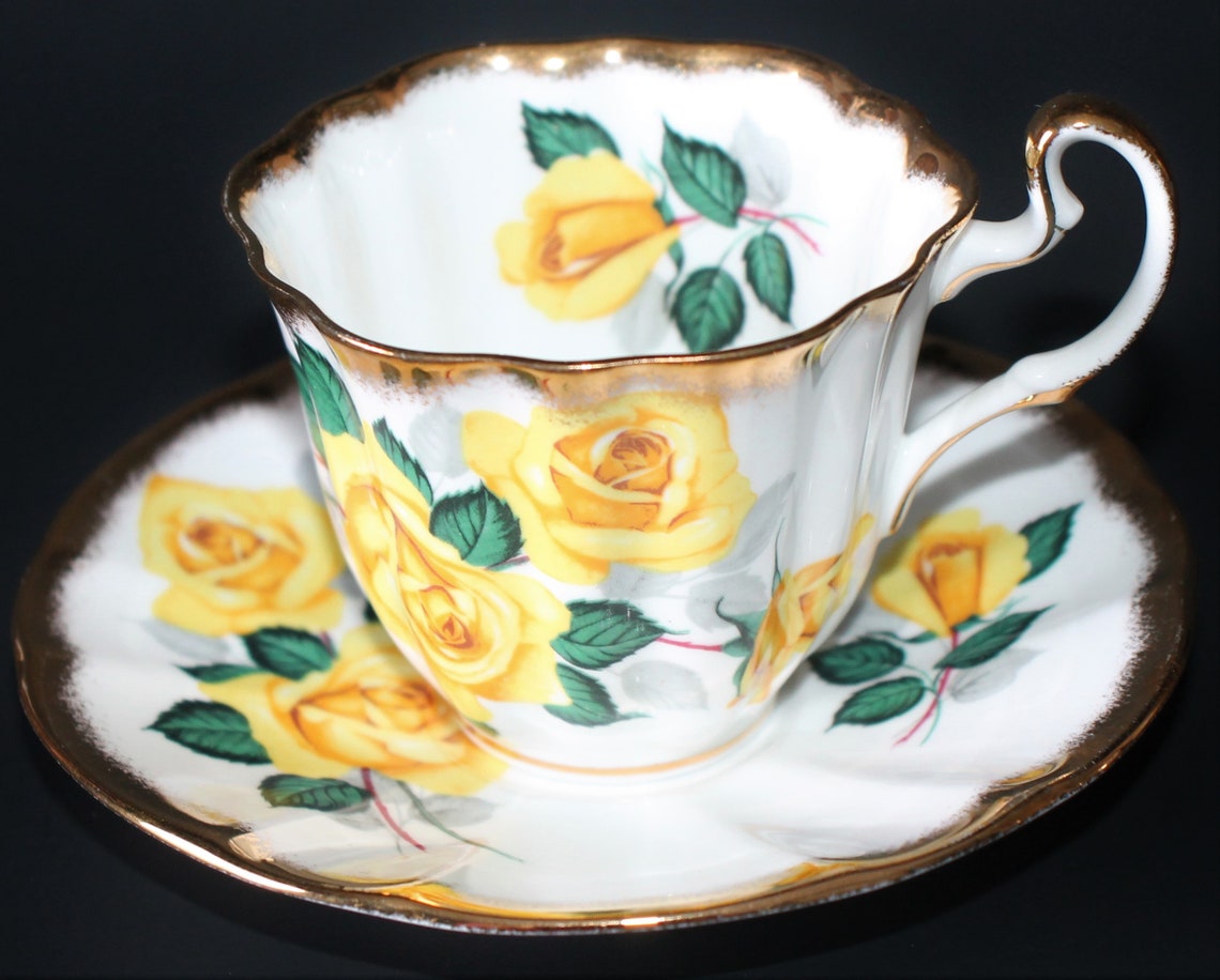 Adderley Tea Cup and Saucer Yellow Roses Heavy Gold Trim Etsy