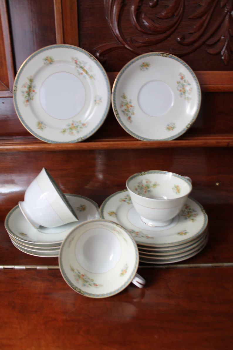 Noritake China Dishes Made in Occupied Japan 1947 Komaru Mark Replacement Pieces Cup Saucer Side Dish White Cream Blue Rim Flowers