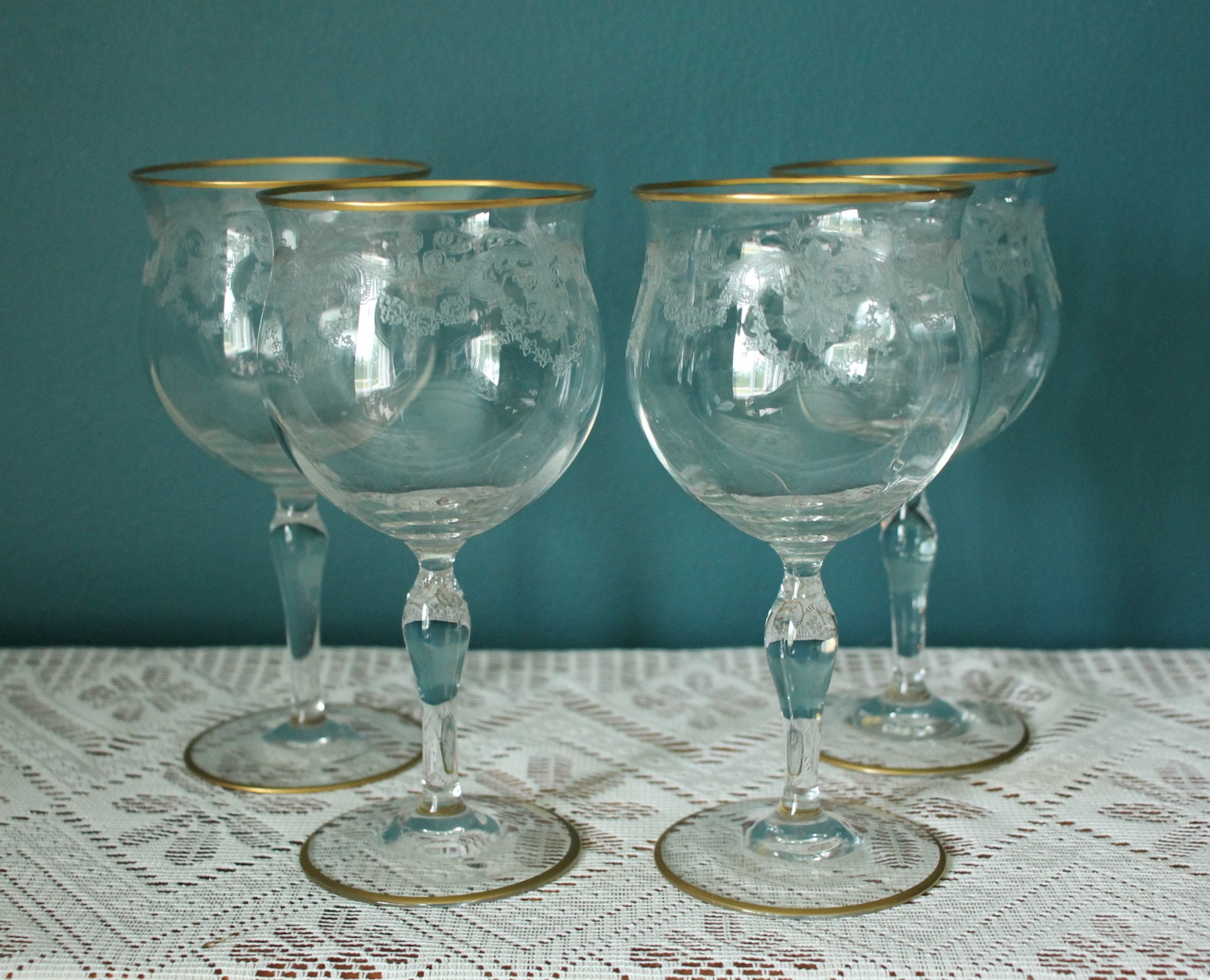 2 Antique Etched Optic Wine Glasses, Circa 1920's, Antique Wine