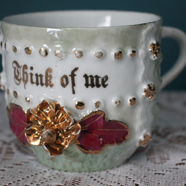 Antique Mug, Coffee Tea Cup Gift, Think of Me Sentiment, Green Luster