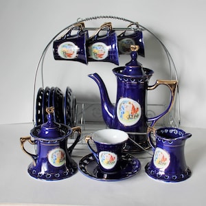 Tea Coffee Set with Caddy, Thun Porcelain, Cobalt Blue and Gold, Heart Romance Pattern