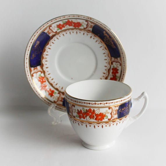 Teacup and Saucer, Imari Pattern, Melba Bone China, Cobalt Blue