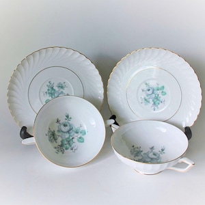 Royal Bayreuth Soup Cups and Saucers, First Love Pattern, Blue Flowers Bouillon Bowls
