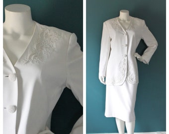 Vintage 1980's White Beaded Skirt Suit, Anthony Sicari, Size 10