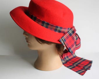 Vintage Sonni San Francisco Red Wool Wide Brim Hat Black Organza Bow Lancaster Vintage 1970 main image 2