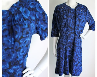 Blue Black Dress with Jacket Decorum Irving Korny Size Medium Vintage 1960's