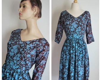 Vintage 50er Jahre Kleid Braun Blau Blumengröße Medium