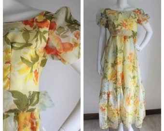 Vintage 60's Yellow Floral Maxi Dress Extra Small