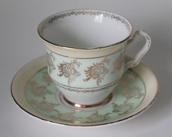 Royal Stafford China Teacup and Saucer, Green and Gold, Pattern 8177