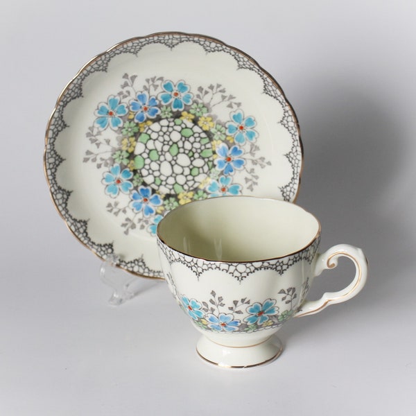 Blue Floral Teacup and Saucer Plant Tuscan Pattern 8117A