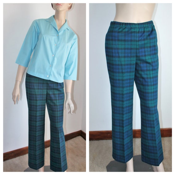 plaid pants green and blue