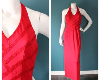 Vintage 80's Red Beaded Maxi Dress, Cache, Size Medium