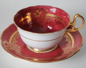 Royal Stafford Teacup and Saucer Pattern 7229 Cranberry and Gold