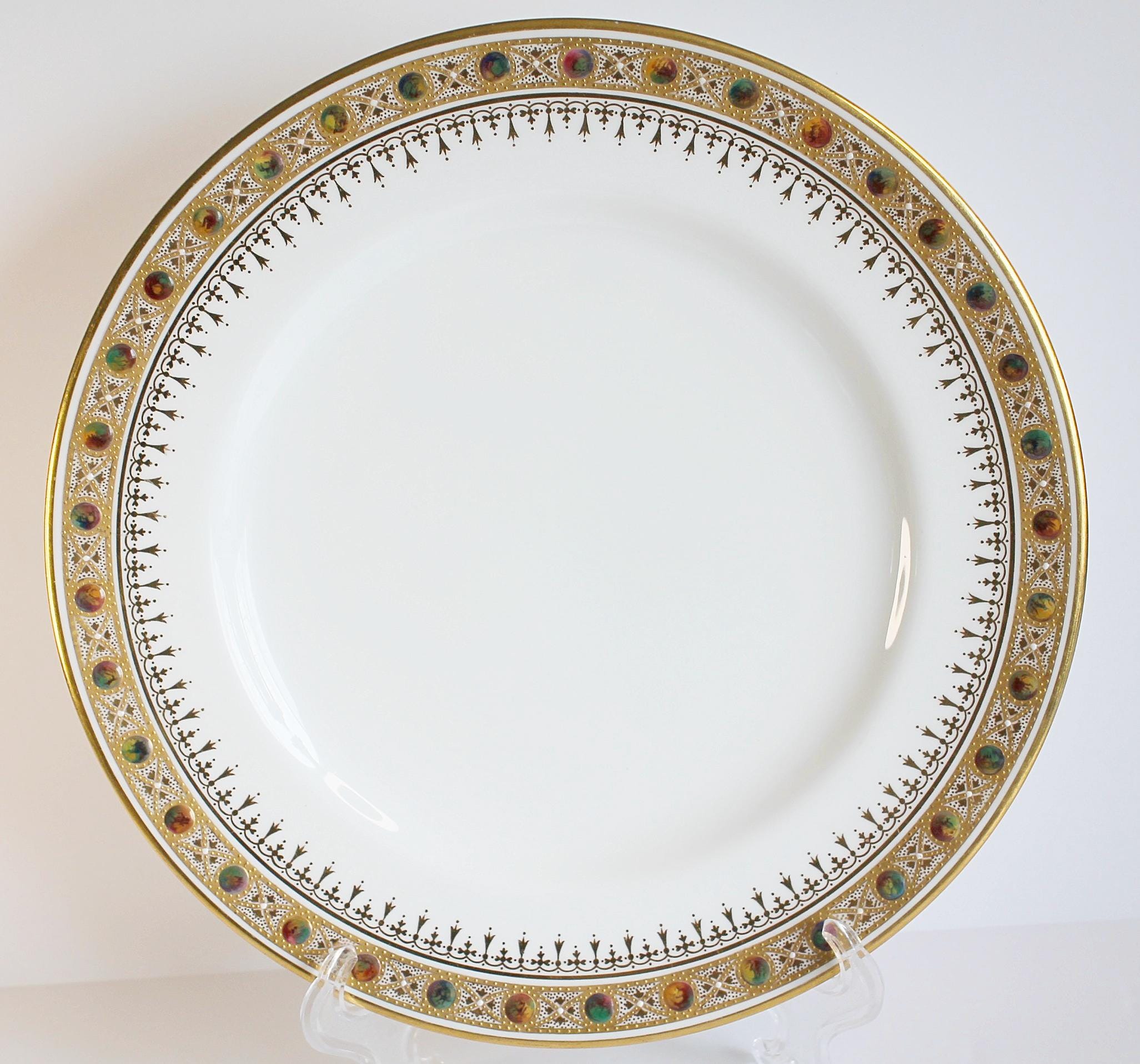 Copeland Spode Jeweled Dinner Plates: Gold Rim, C1072, Circa 1890s