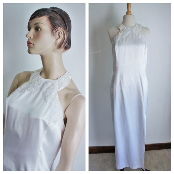 White Satin Sequin Gown by Gunne Sax Size 13 /14 V