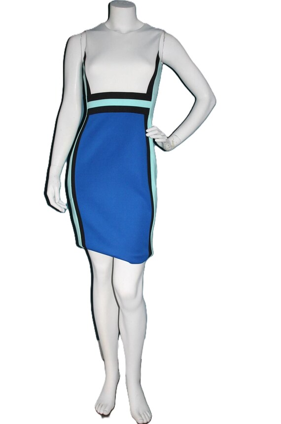calvin klein blue sleeveless dress Calvin Klein Blue Geometric Print Sleeveless Fit Flare Dress Women Size 4