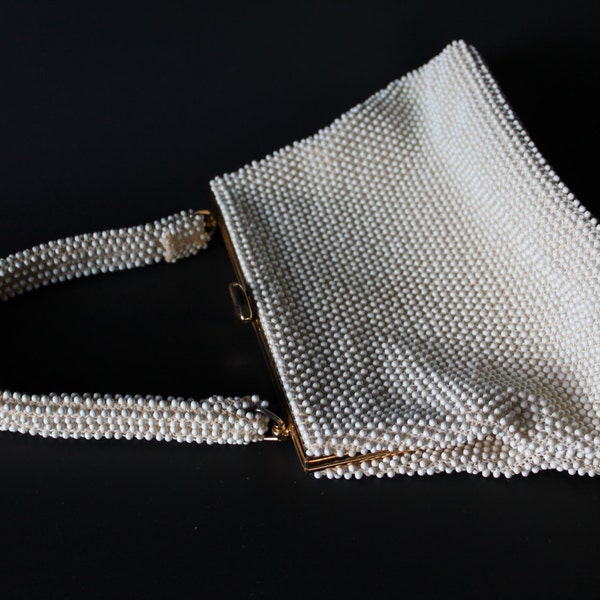 1950s White Plastic Beaded Purse by Lumered Corde Bead, Gold Frame Top Strap Handbag