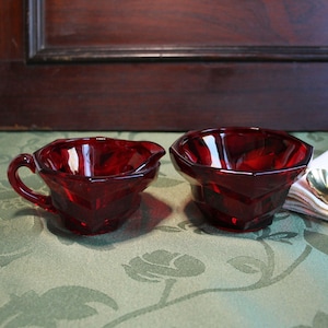Ruby Red Creamer and Sugar Bowl Set Gullaskruf Sweden 1960's