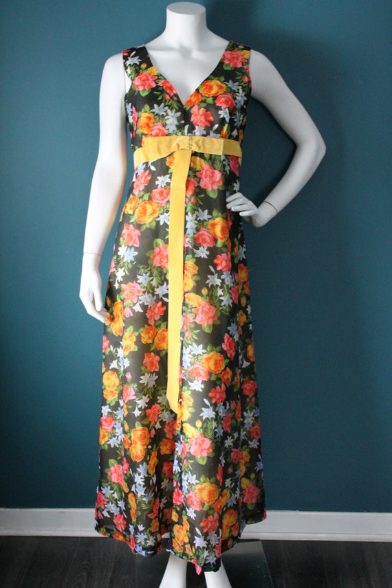 Vintage 70's Chiffon Maxi Dress, Black Floral, Si… - image 2