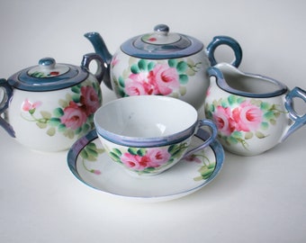 Juego de té floral azul Lusterware, flores rosas, vintage 1940