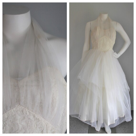 Vintage 50's Wedding Dress, Size Small, Tea Length