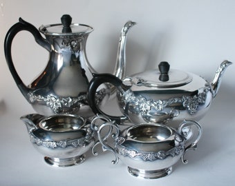 Silver Plated Tea Coffee Service Teapot Coffee Pot Creamer Sugar Bowl Grapevine Pattern EPBM