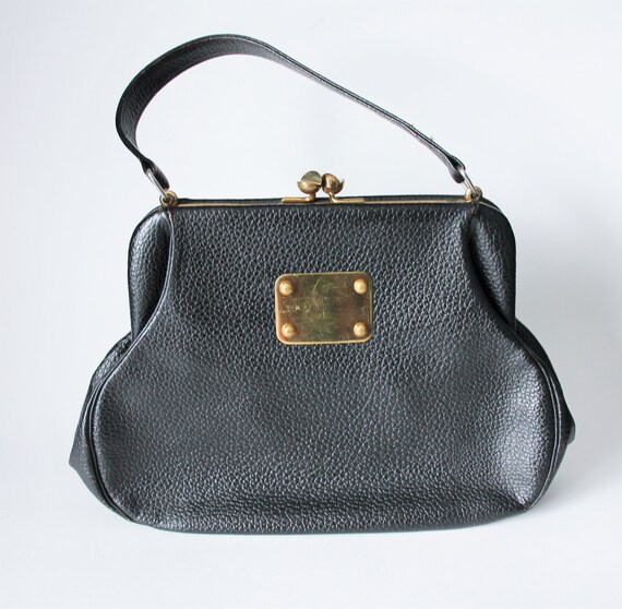 1950's Black Leather Purse, Gold Sail Newfoundland