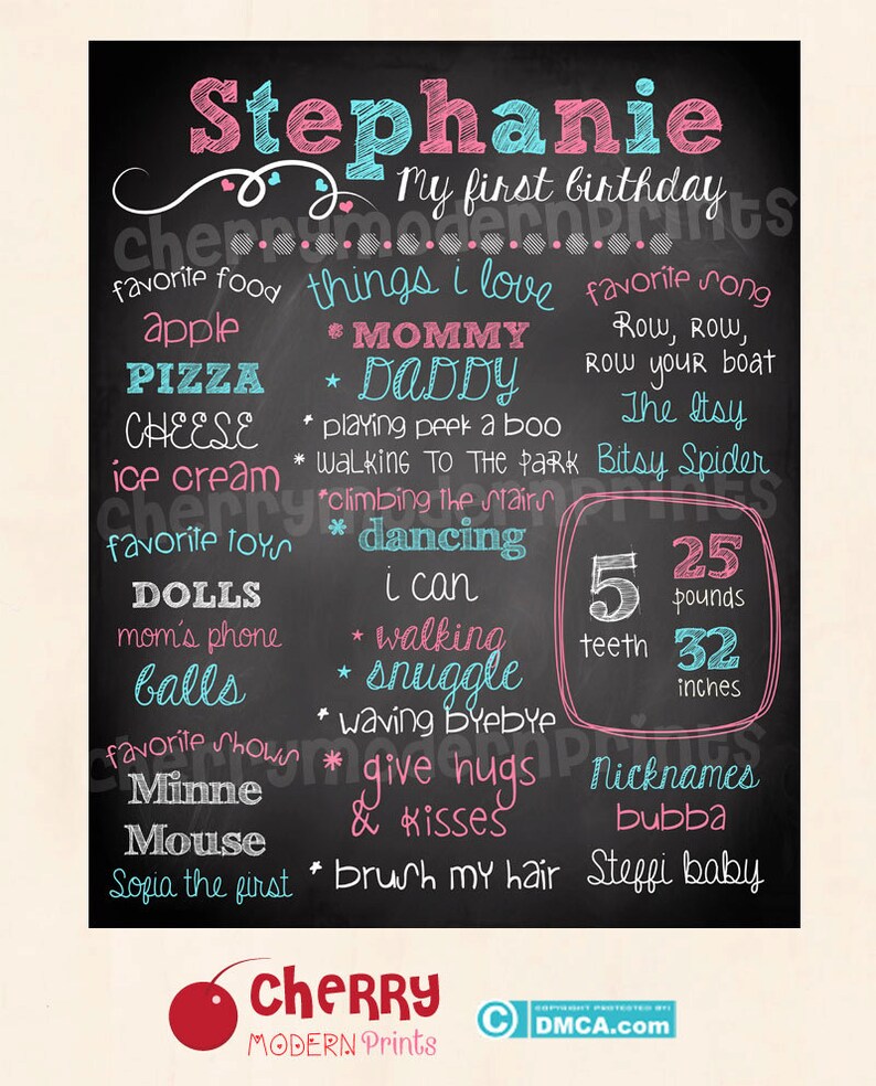 SKU CBI59 First Birthday Chalkboard Sign Printable Chalkboard Sign Girly Theme Birthday Chalkboard Size 16x20 inches