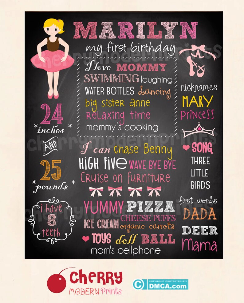 Size 16x20 inches First Birthday Chalkboard Sign Ballerina Girl Birthday Chalkboard Printable Chalkboard Sign SKU CBI44