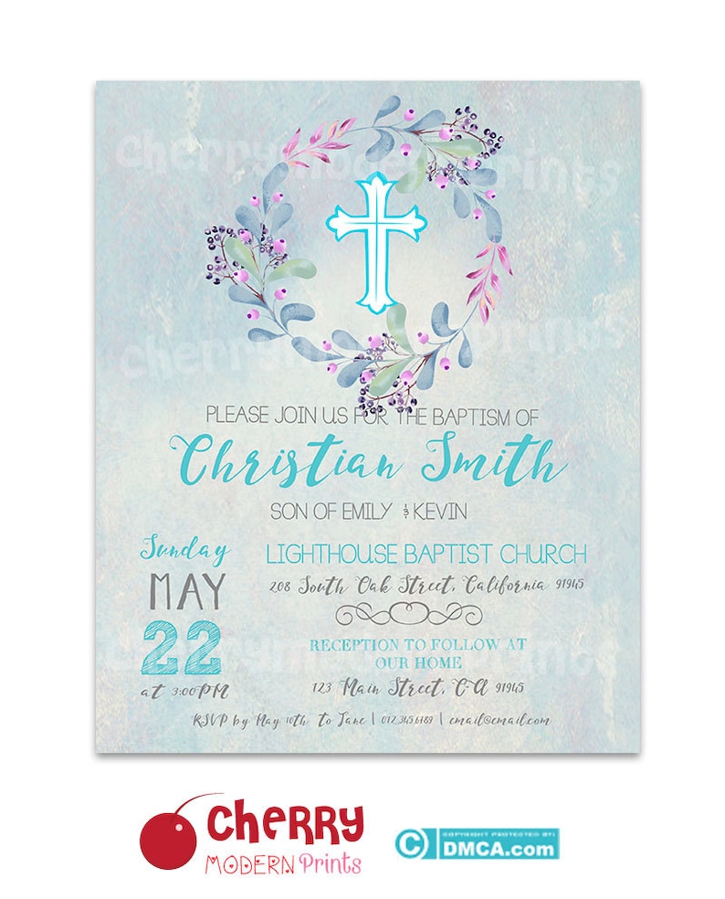 Baptism Invitation Boy Baptism Invitation Christening Invitation Blue Floral Cross CBI234