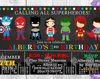 Superheroes Birthday Invitation , Birthday Invitation, Superheroes Invite,  DIGITAL FILE -PRINTABLE - Custom