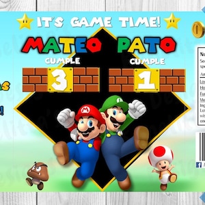 May include: A colorful printable party favor bag featuring Mario and Luigi characters from the Super Mario Bros. video game. The bag has a green, red, and blue color scheme with a black background. The text on the bag reads "It's Game Time! Mateo Pato Cumple 3 Cumple 1 Gracias Por Venir!" and includes a nutrition facts label with a barcode.