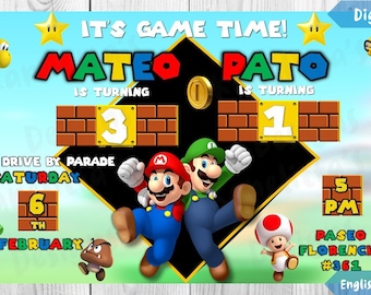 Convite de Aniversário do Super Mario, Convite de Aniversário do Mario e Lugui, Convite dos Irmãos Mario, ARQUIVO DIGITAL - IMPRIMÍVEL