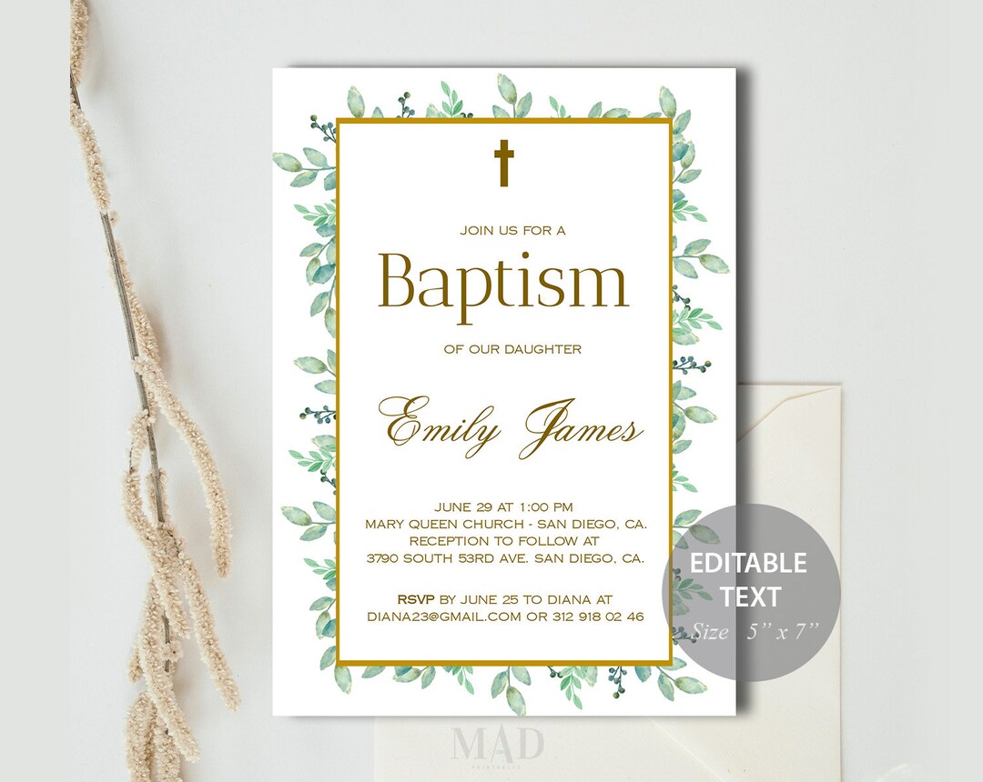 Baptism Invitation, Printable Baptism Invitation Template, Greenery ...