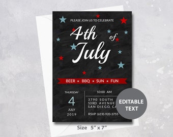 Convite editável para o 4 de julho, Dia da Independência, Convite imprimível para o 4 de julho