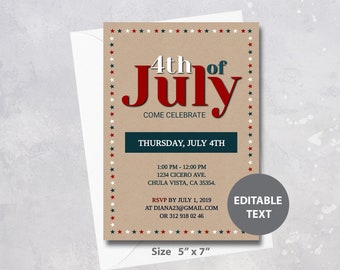4th of July Editable Invitation, Fourth of July, Independence Day, Fourth of July Printable Invitation, 4th of July Printable Invitation
