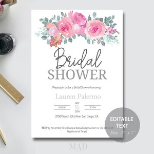 Rose Bridal Shower Invitation, Invite, Pink Floral, Spring Invites, EDITABLE Invitations, Templett, Template, Digital, Electronic Invitation