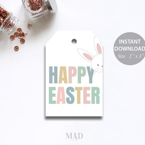 Pu&ograve; includere: Un'etichetta regalo bianca con un messaggio "Buona Pasqua" in colori pastello e un coniglietto bianco che spunta dall'angolo in alto a destra. L'etichetta misura 2 pollici per 3 pollici.