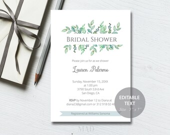 Boho Bridal Shower Invitation, Greenery Design (Digital Download)