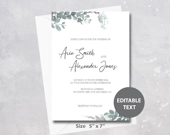 Greenery Wedding Invitation Template, Printable 5x7 (Digital Download)
