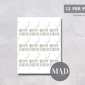 Pu&ograve; includere: Foglio stampabile con 12 motivi ripetuti di orecchie di coniglio e il testo "Buona Pasqua" in colori pastello su sfondo bianco. Il testo "12 per pagina" e "Lettera US o A4" &egrave; incluso.