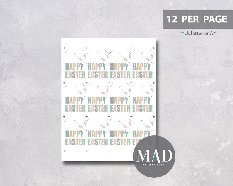 Pu&ograve; includere: Foglio stampabile con 12 motivi ripetuti di orecchie di coniglio e il testo "Buona Pasqua" in colori pastello su sfondo bianco. Il testo "12 per pagina" e "Lettera US o A4" &egrave; incluso.