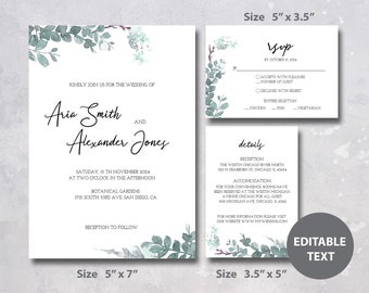 Greenery Wedding Invitation Set, Printable Template (Digital Download)