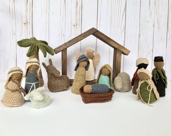 Full Christmas Nativity - Simple Crochet Nativity including Mary, Joseph, Jesus, Wisemen, Shepherds, Angel, Camel, Donkey, Sheep & Palm Tree