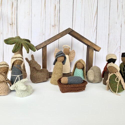 Full Christmas Nativity - Simple Crochet Nativity including Mary, Joseph, Jesus, Wisemen, Shepherds, Angel, Camel, Donkey, Sheep & Palm Tree