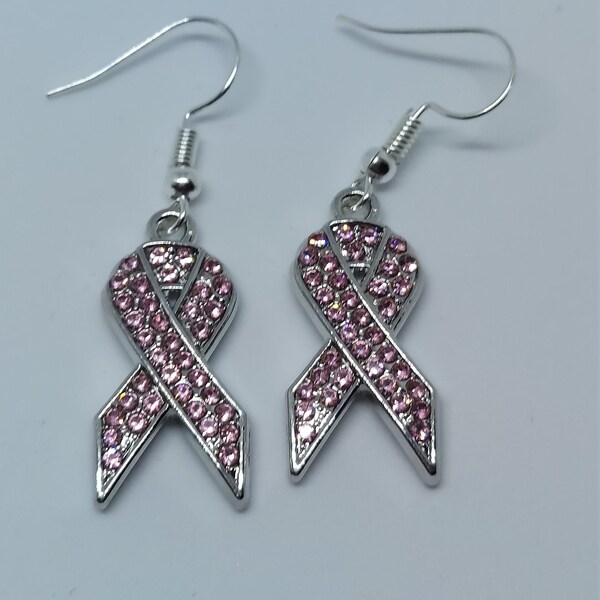 Breast Cancer Earrings, Pink Earrings, Breast Cancer Earrings, Breast Cancer Support, Rhinestone Breast Cancer Earrings, Pink Ribbon